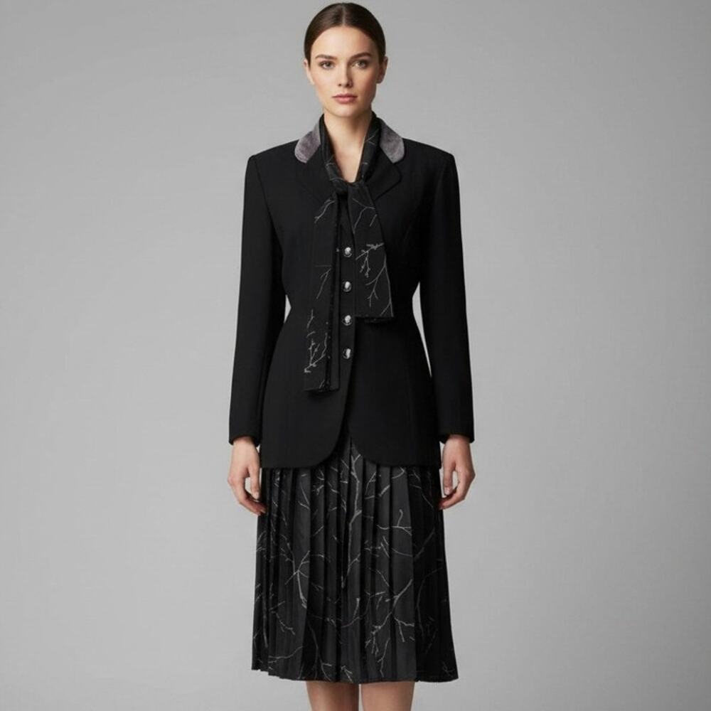 VTG Leslie Fay Women's Skirt and Jacket Size 12 Black and Branch Print w/Scarf